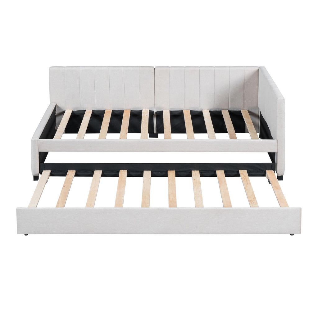 Beige Linen Twin Size Upholstered Daybed with Trundle U389707