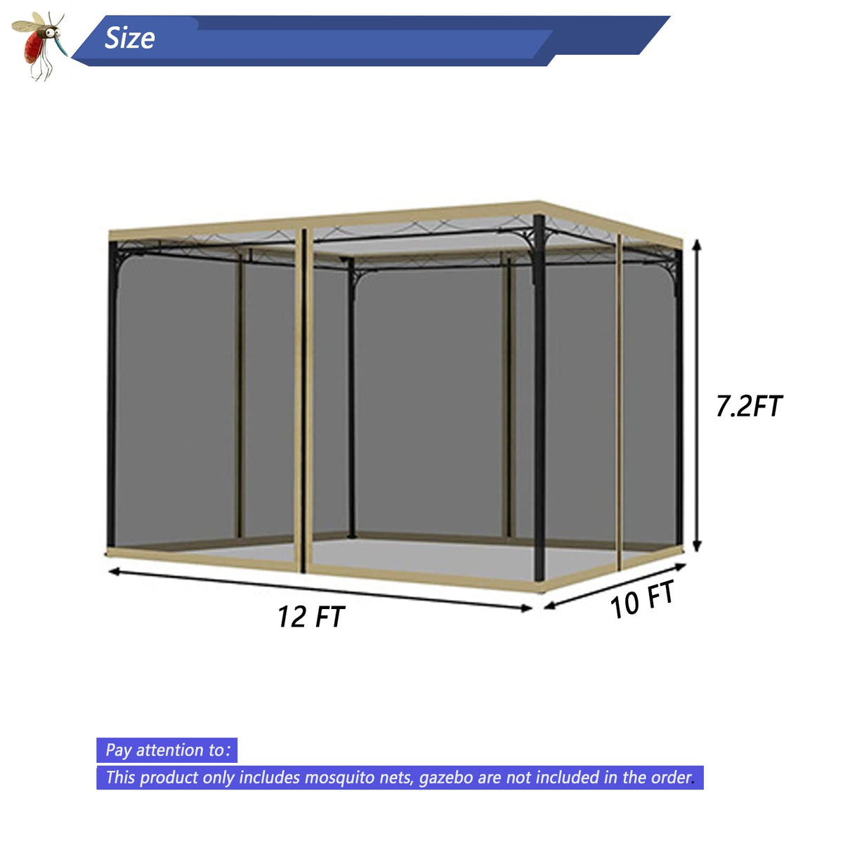 10x12 Gazebo Replacement Mosquito Netting 4-Panel Sidewall Screen with Zipper Black Y782
