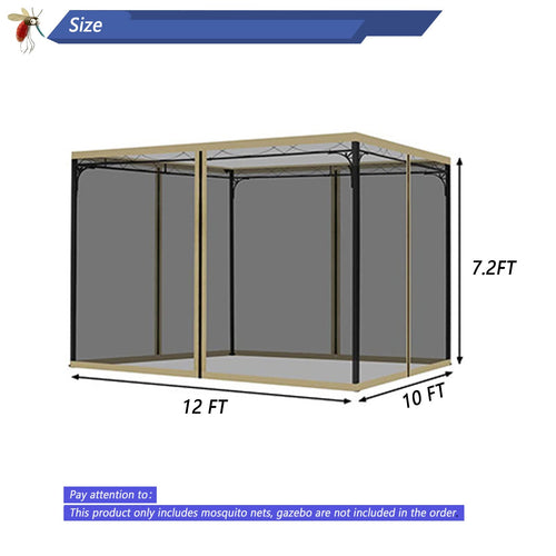 10x12 Gazebo Replacement Mosquito Netting 4-Panel Sidewall Screen with Zipper Black Y782