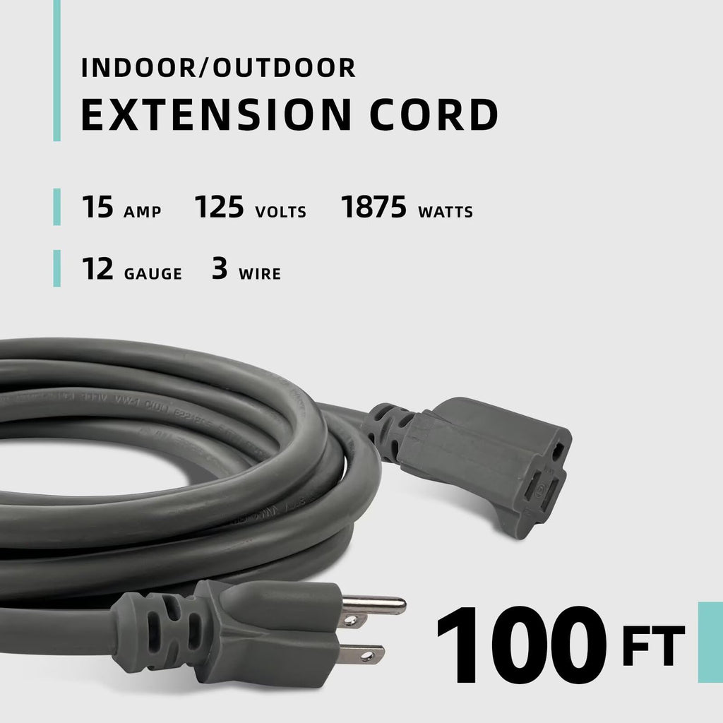 100ft Indoor Outdoor Extension Cord 12/3 SJTW Heavy Duty 15Amp 1875W Gray I853