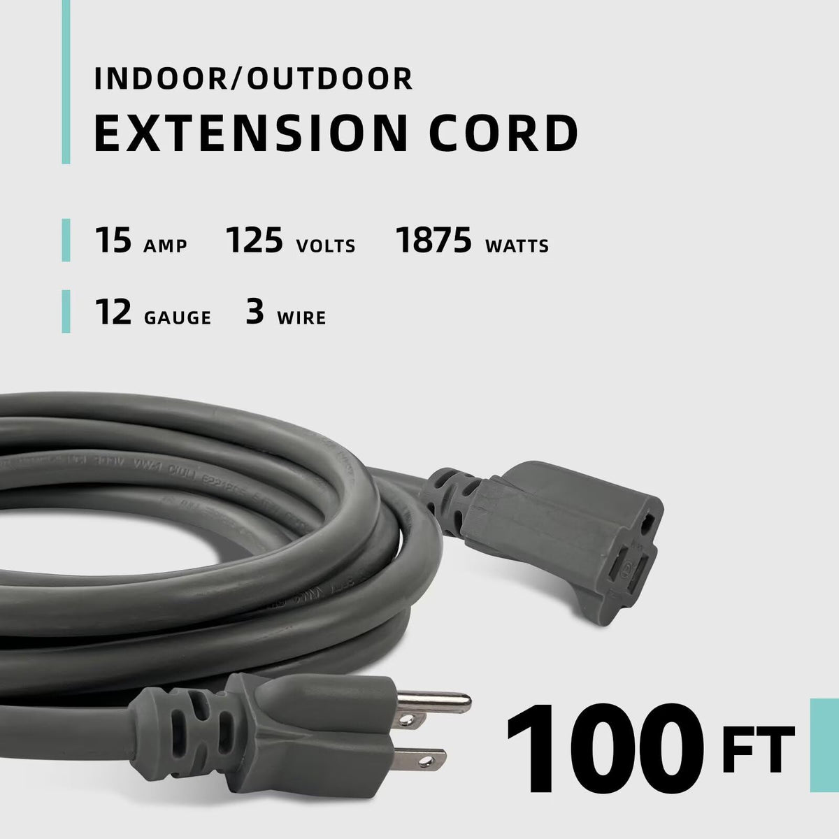 100ft Indoor Outdoor Extension Cord 12/3 SJTW Heavy Duty 15Amp 1875W Gray I853