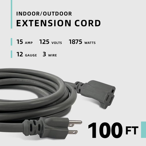 100ft Indoor Outdoor Extension Cord 12/3 SJTW Heavy Duty 15Amp 1875W Gray I853
