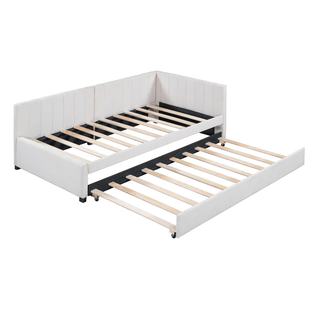 Beige Linen Twin Size Upholstered Daybed with Trundle U389707