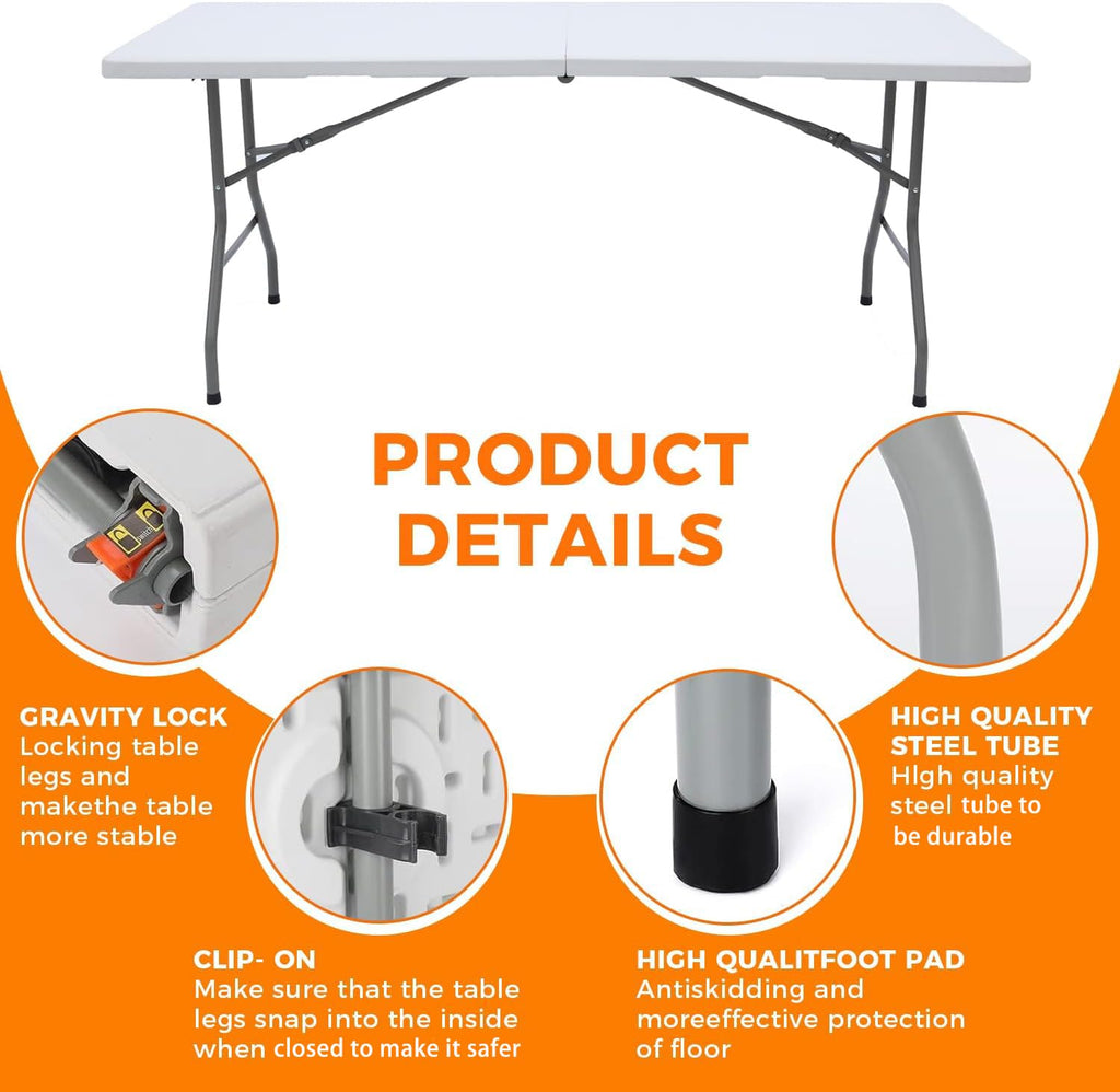White 6FT Folding Plastic Utility Table with Steel Legs U8683