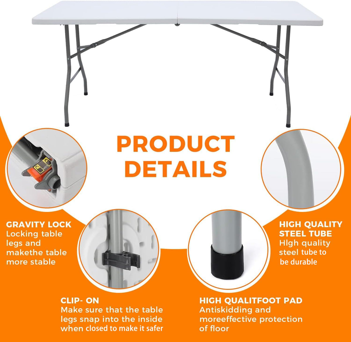 White 6FT Folding Plastic Utility Table with Steel Legs U8683