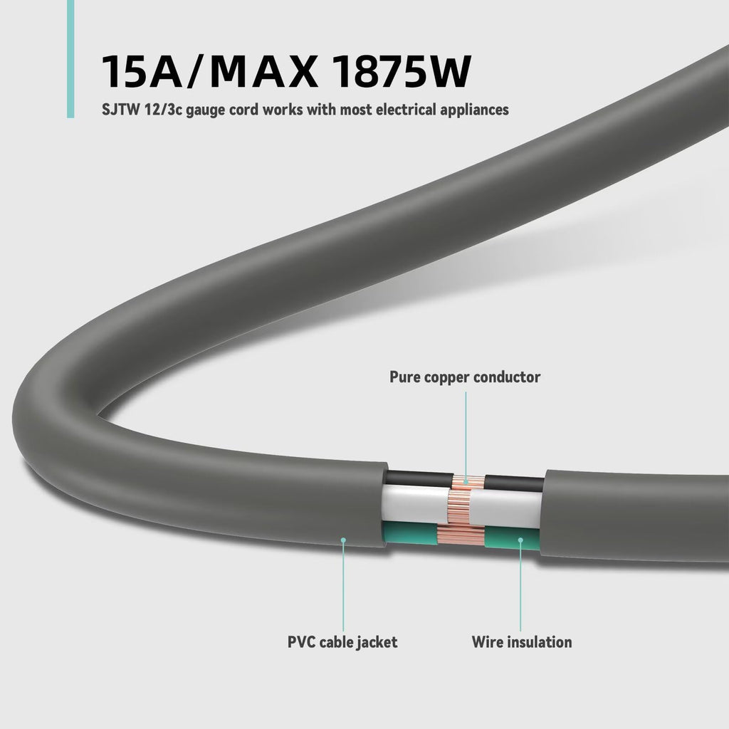 100ft Indoor Outdoor Extension Cord 12/3 SJTW Heavy Duty 15Amp 1875W Gray I853