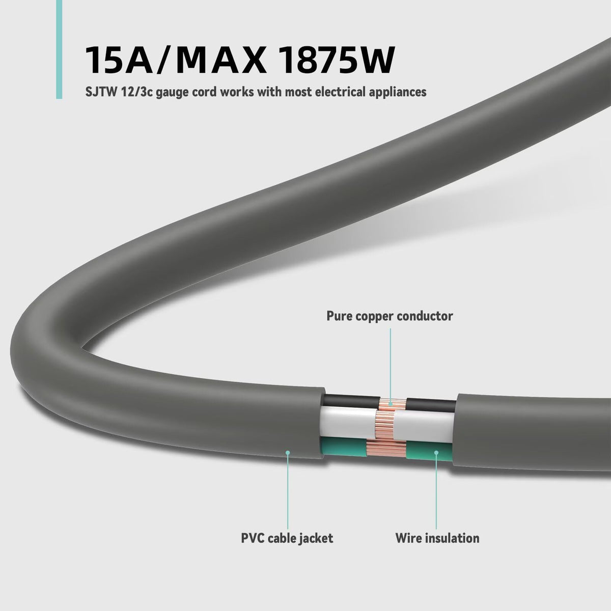 100ft Indoor Outdoor Extension Cord 12/3 SJTW Heavy Duty 15Amp 1875W Gray I853