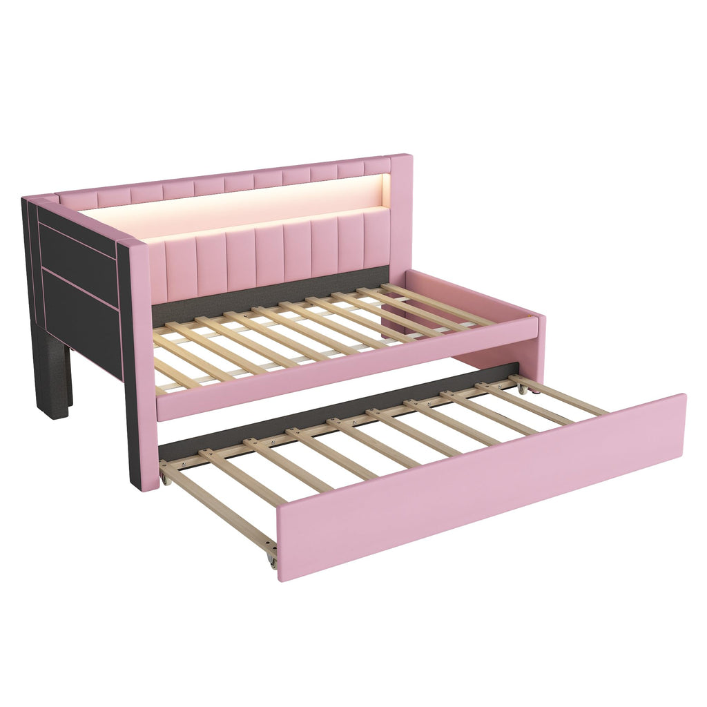 Pink Upholstered Twin Size Daybed with Trundle D621