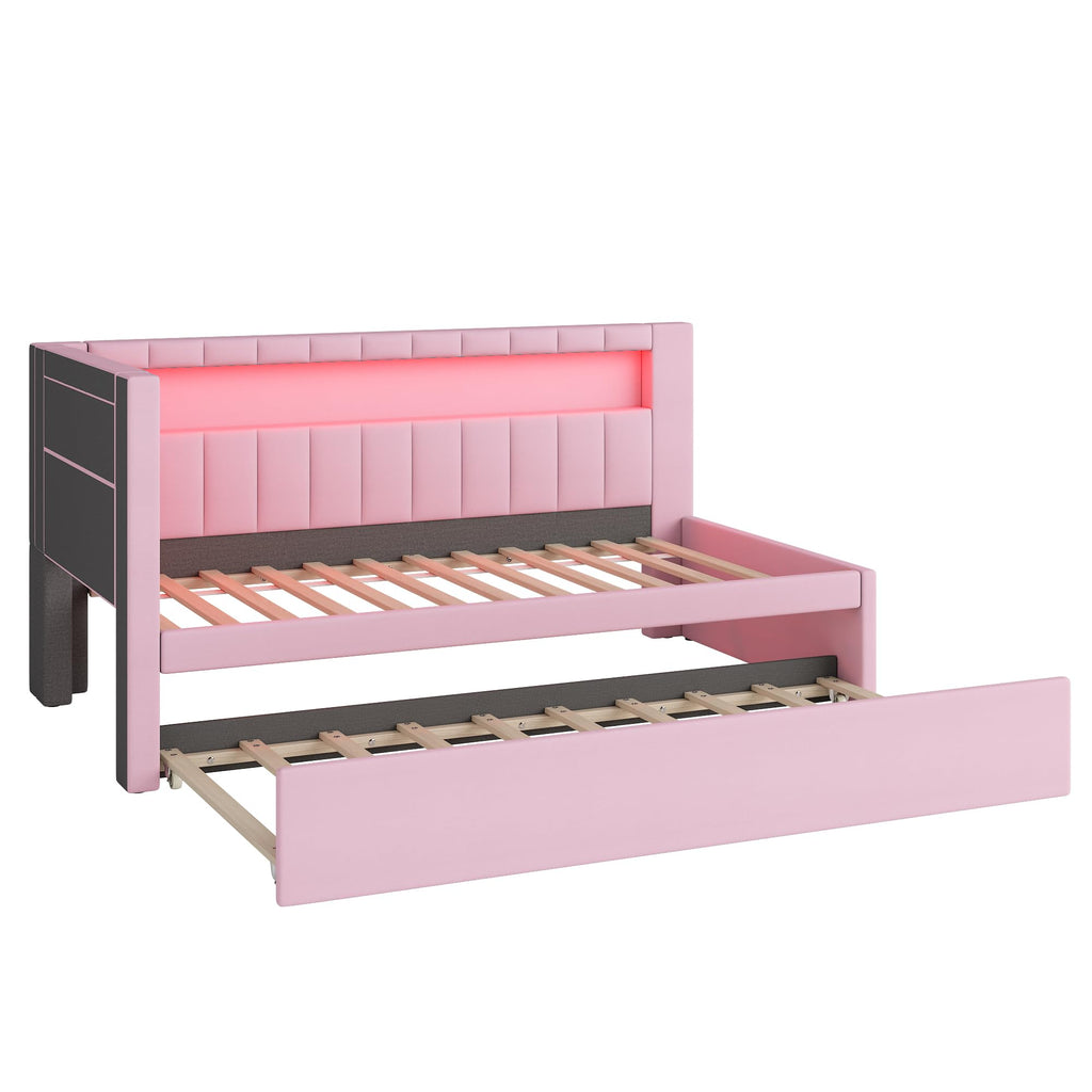 Pink Upholstered Twin Size Daybed with Trundle D621
