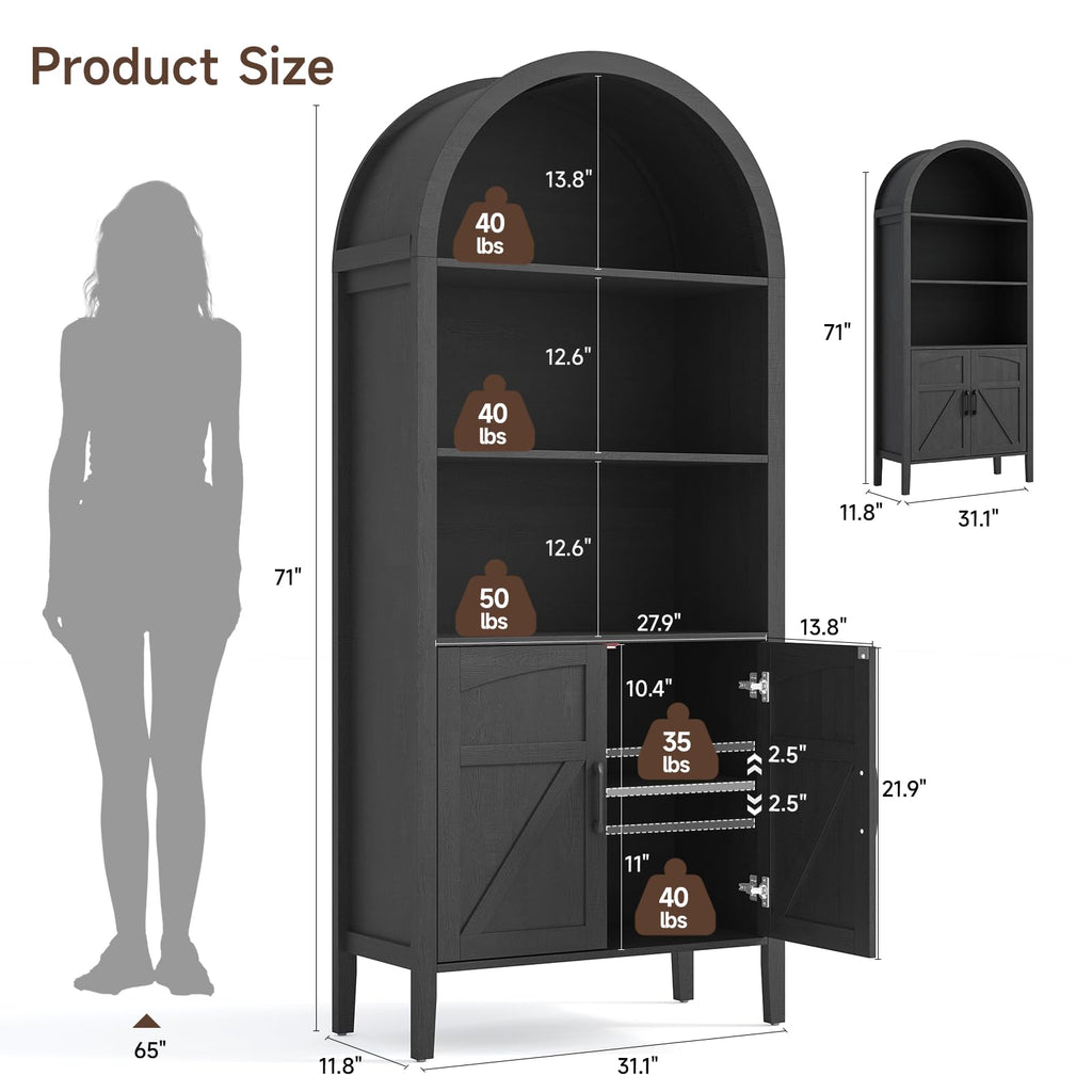 Black 5-Tier Arched Bookshelf with Door S231147