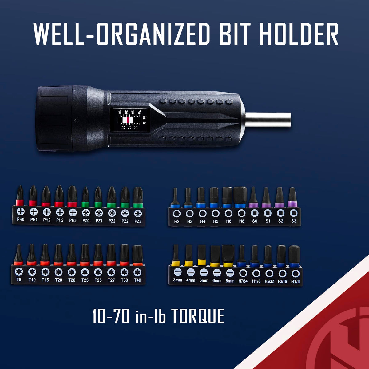 Torque Screwdriver Wrench Set 10-70 Inch Pounds with T-bar Handle, 40 Hex Bits, 1/4" Socket, Black G5608