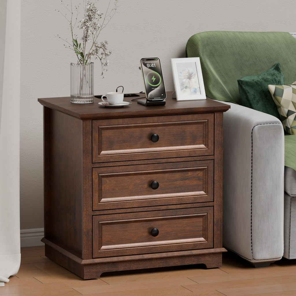 Cherry 3 Drawer Wood Nightstand with Charging Station S466607