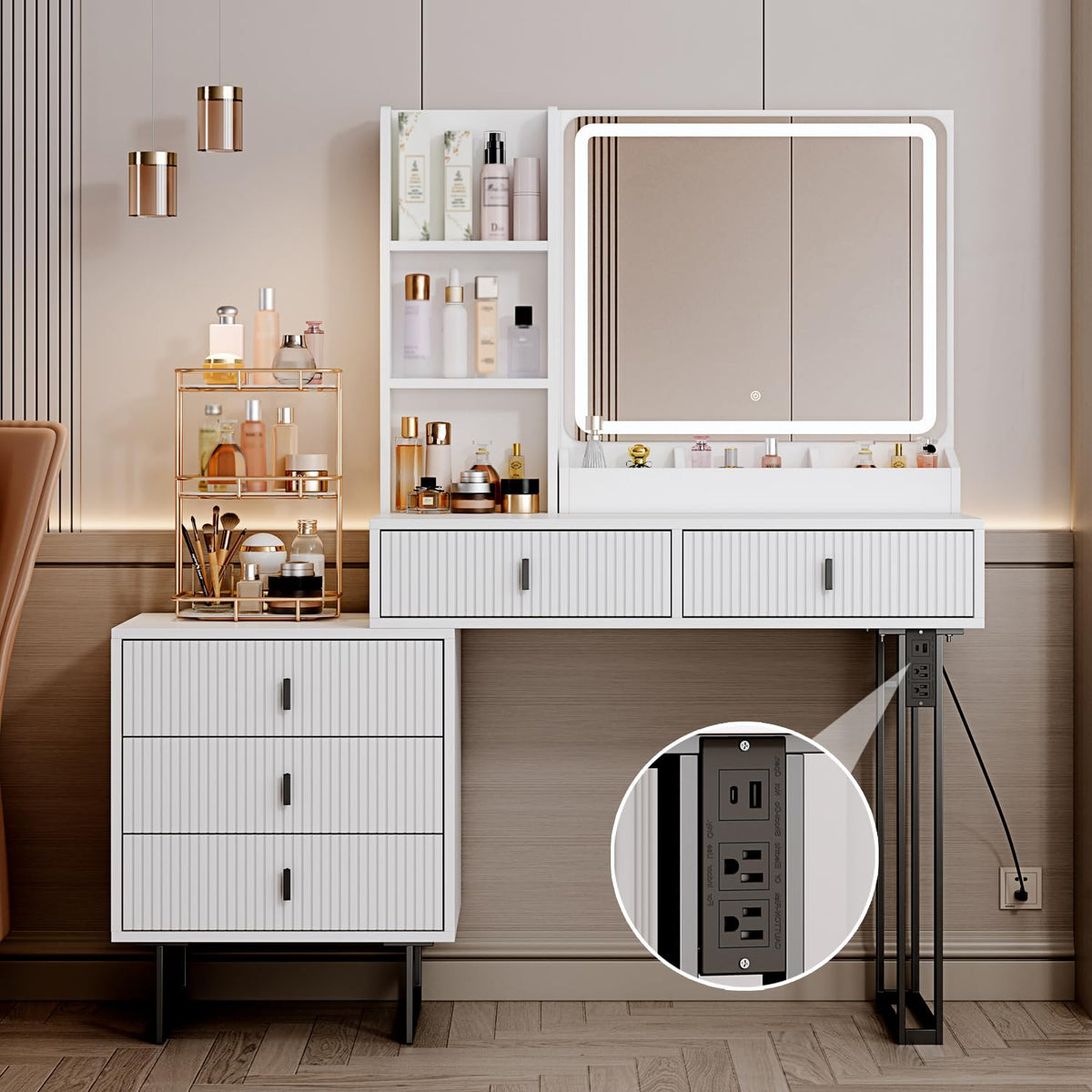White Vanity Desk with Mirror and 5 Sliding Drawers I6289