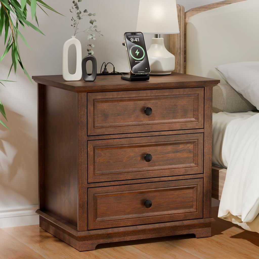 Cherry 3 Drawer Wood Nightstand with Charging Station S466607