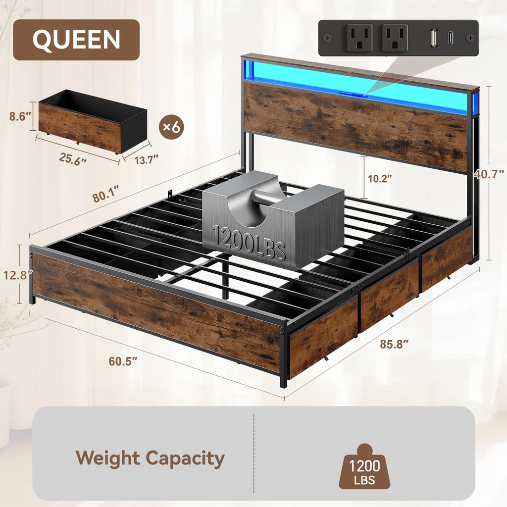 Queen Bed Frame with Storage Headboard & 6 Drawers T604