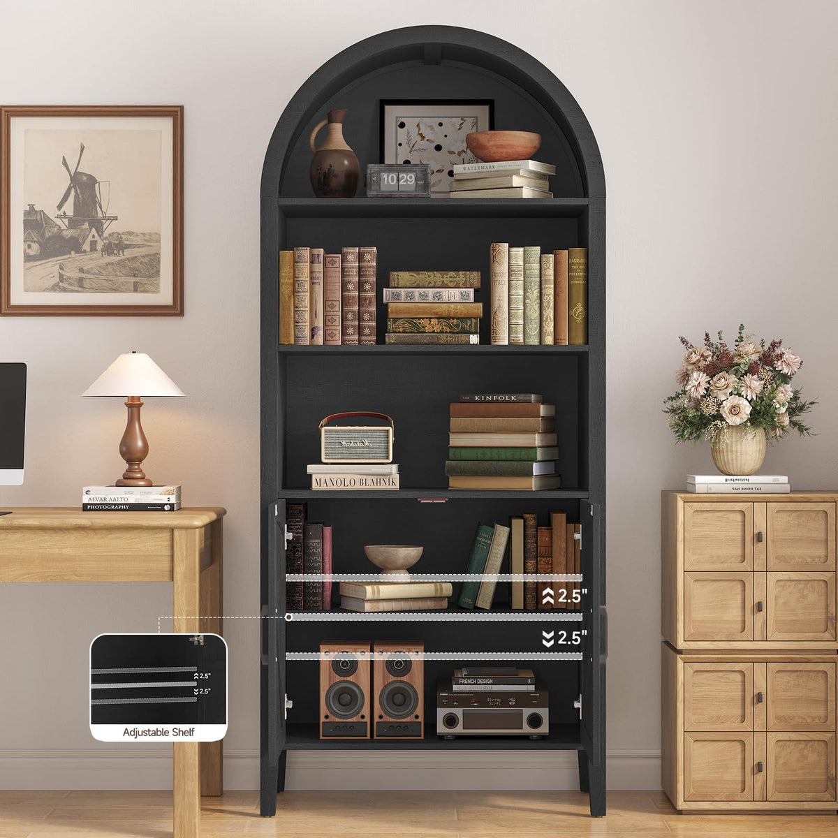 Black 5-Tier Arched Bookshelf with Door S231147