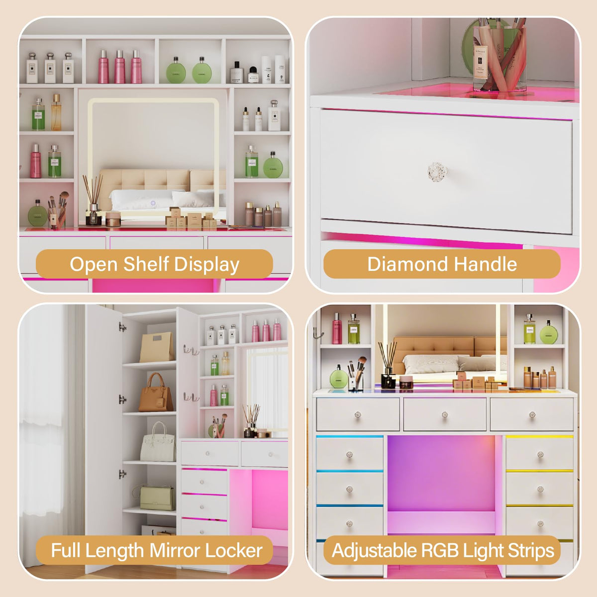 Vanity Desk with LED Mirror, 11 Drawers U708