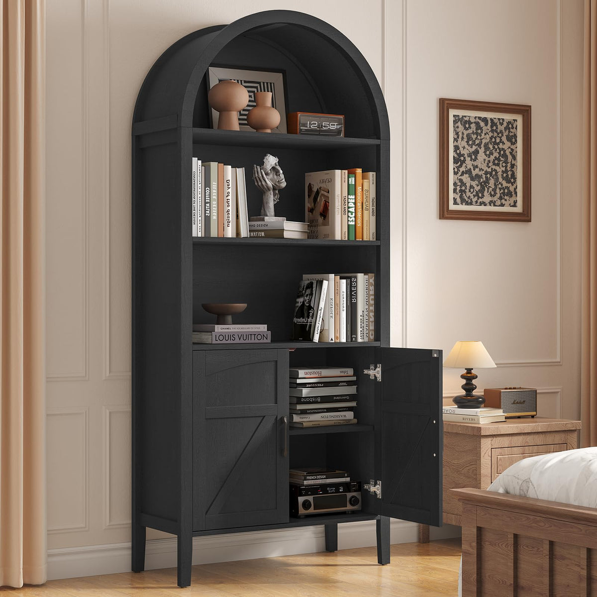 Black 5-Tier Arched Bookshelf with Door S231147