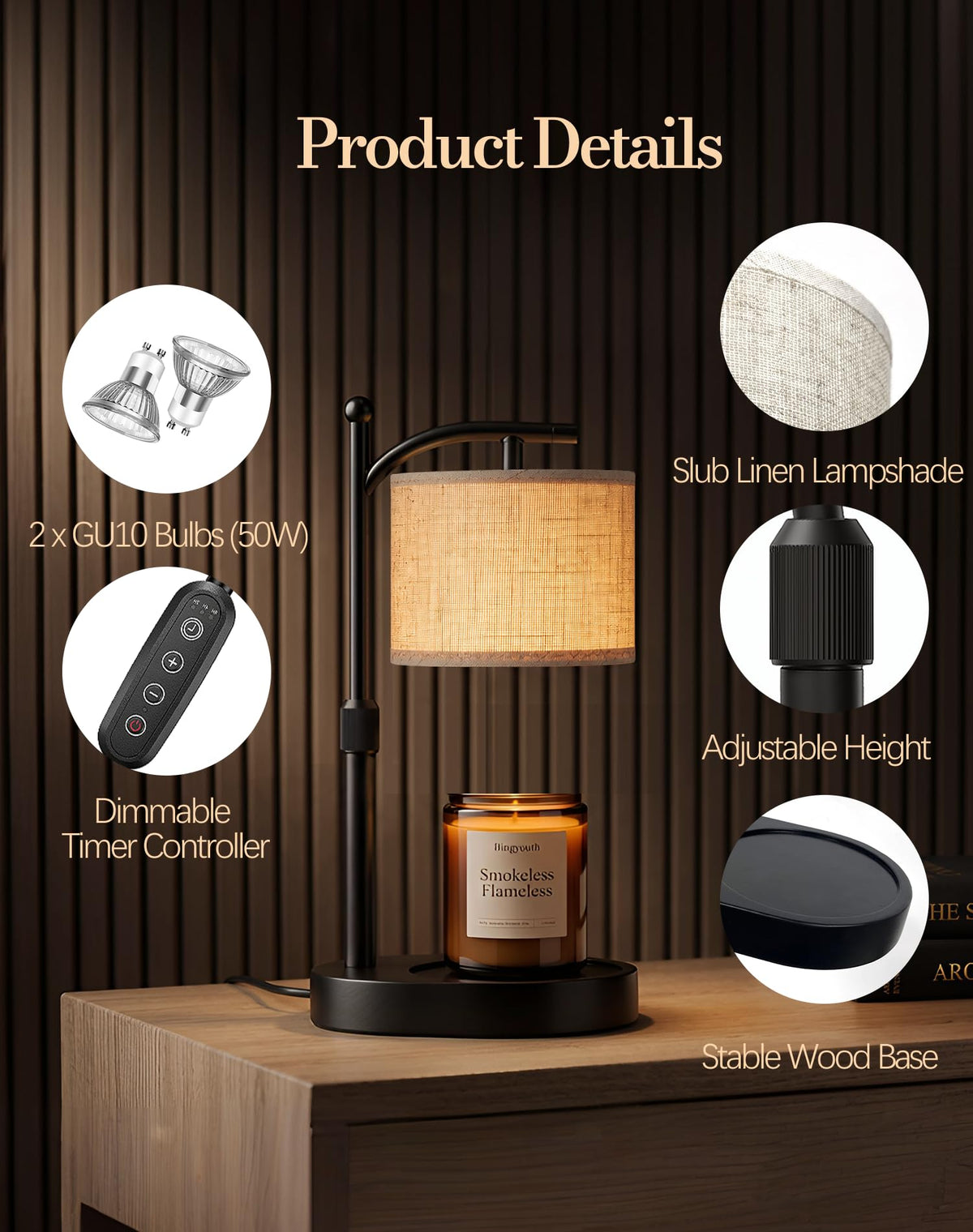 Adjustable Height Candle Warmer Lamp with Timer & Dimmer V85058