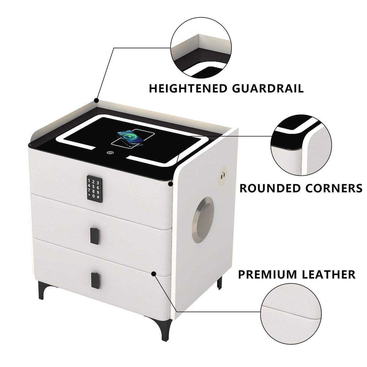 White Nightstand with Charging Station and LED Lights B5774