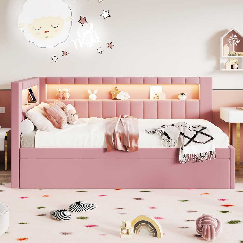 Pink Upholstered Twin Size Daybed with Trundle D621