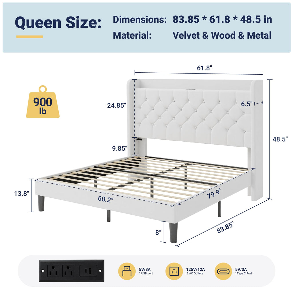 Queen Bed Frame with Storage Headboard and Charging Station P487