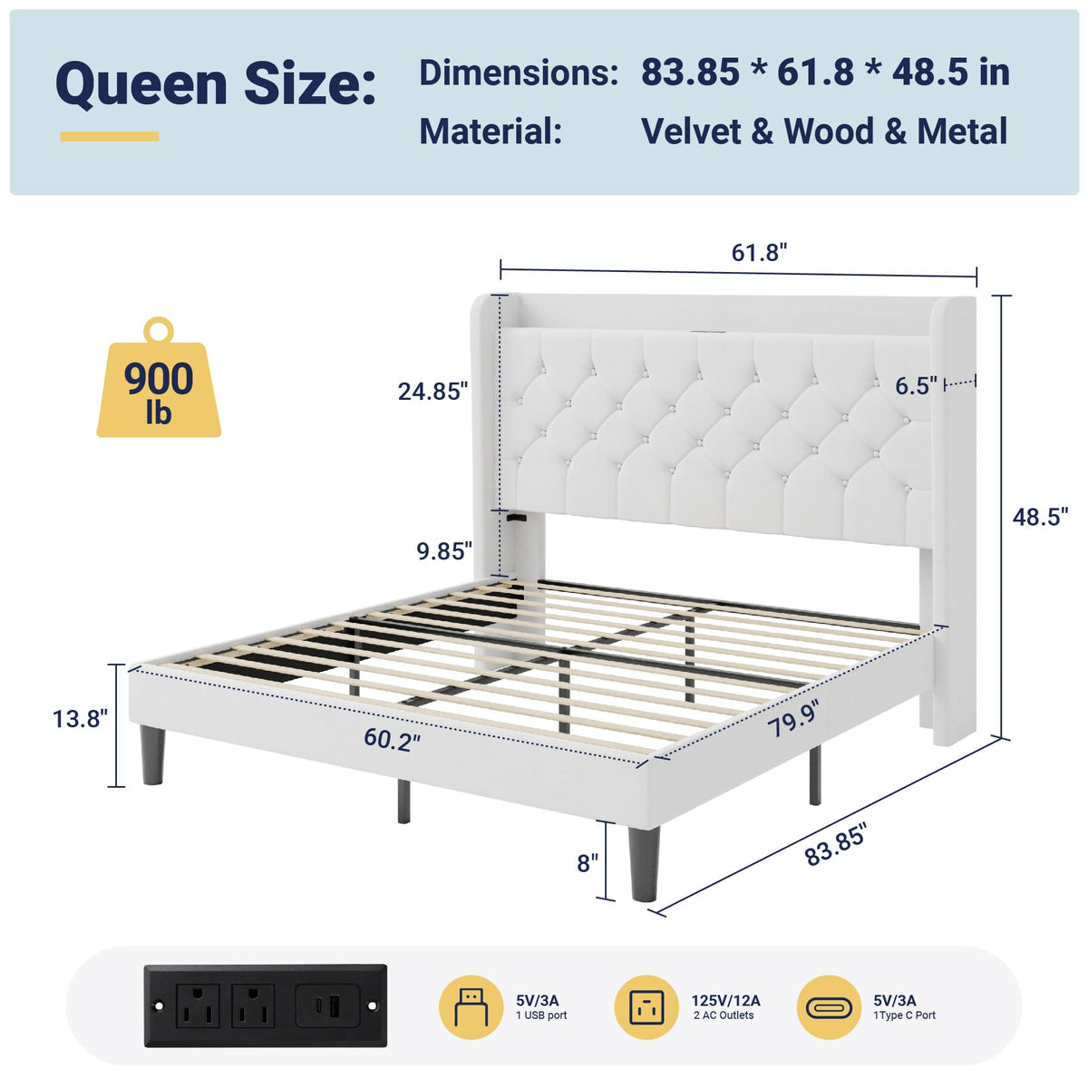 Queen Bed Frame with Storage Headboard and Charging Station P487