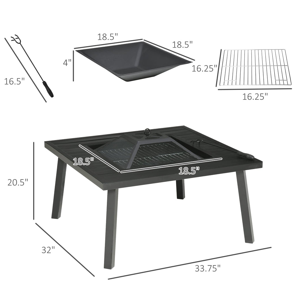 34" Fire Pit with Grill Spark Screen Poker Cover Black E67706