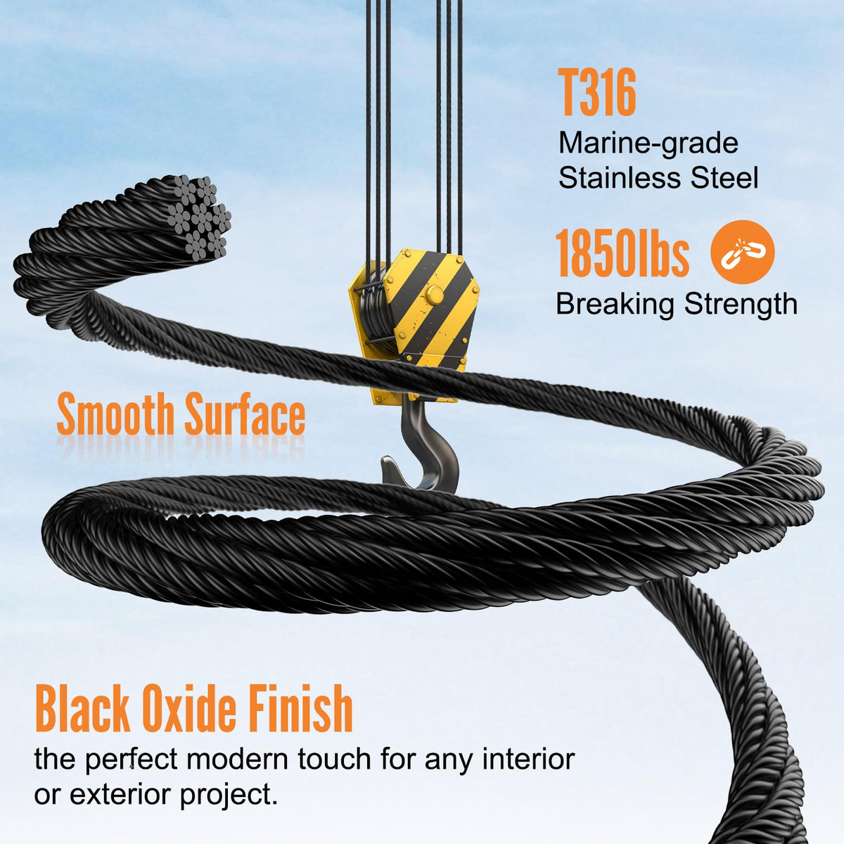 1000FT 1/8" Black Stainless Steel Cable with Cutter U6083