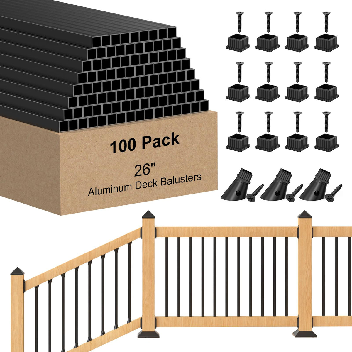 100 Pack 26" Square Black Aluminum Deck Balusters B477