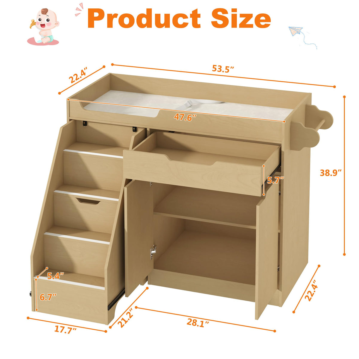 Oak Baby Changing Table with Drawers and Stairs V290144