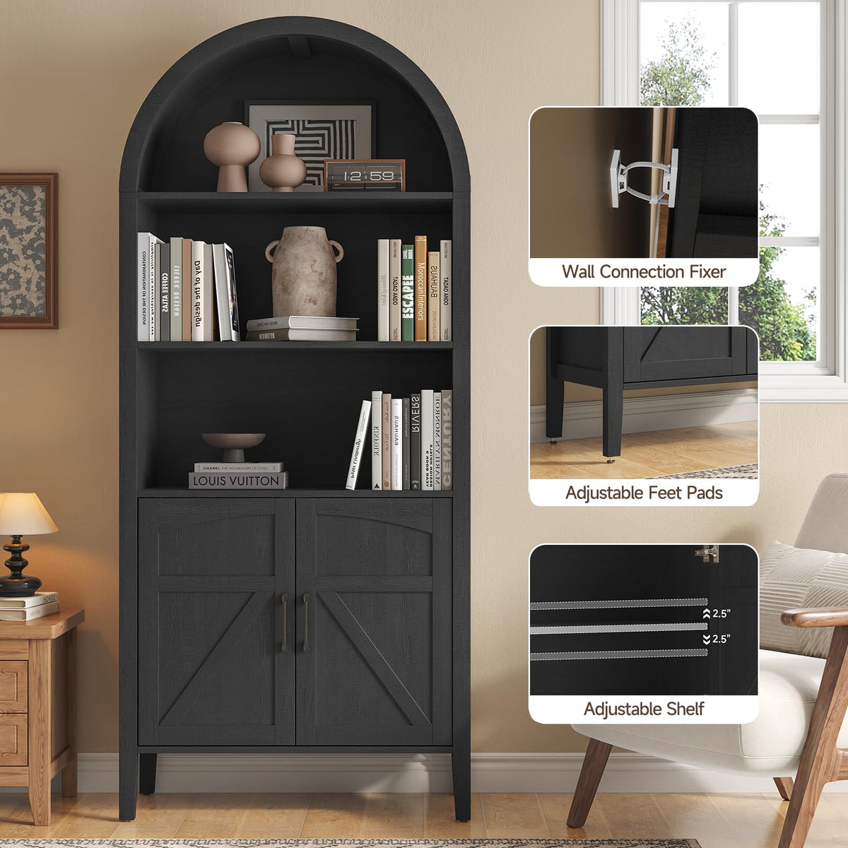 Black 5-Tier Arched Bookshelf with Door S231147