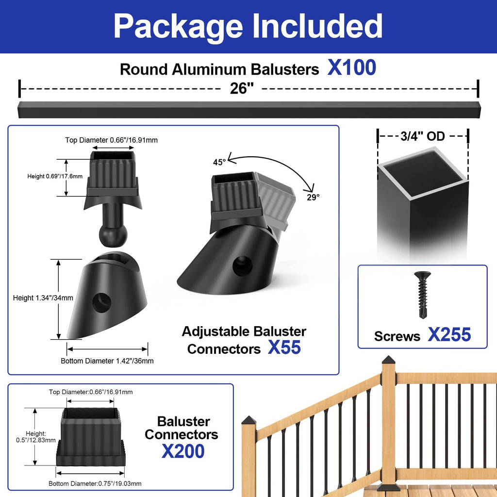 100 Pack 26" Square Black Aluminum Deck Balusters B477