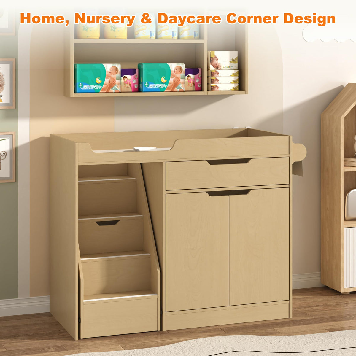 Oak Baby Changing Table with Drawers and Stairs V290144
