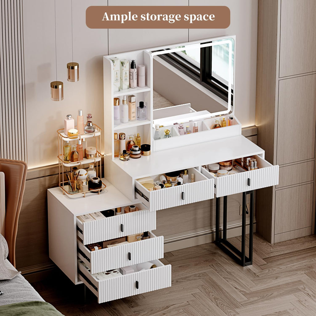 White Vanity Desk with Mirror and 5 Sliding Drawers I6289