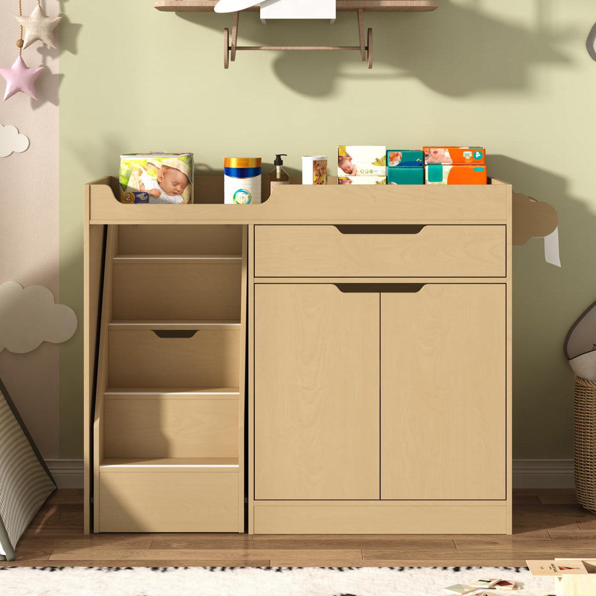 Oak Baby Changing Table with Drawers and Stairs V290144