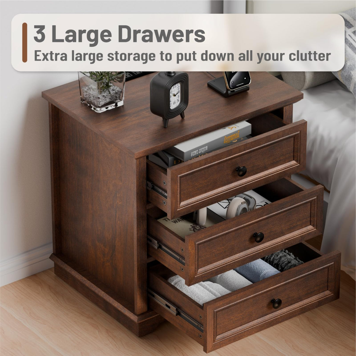 Cherry 3 Drawer Wood Nightstand with Charging Station S466607