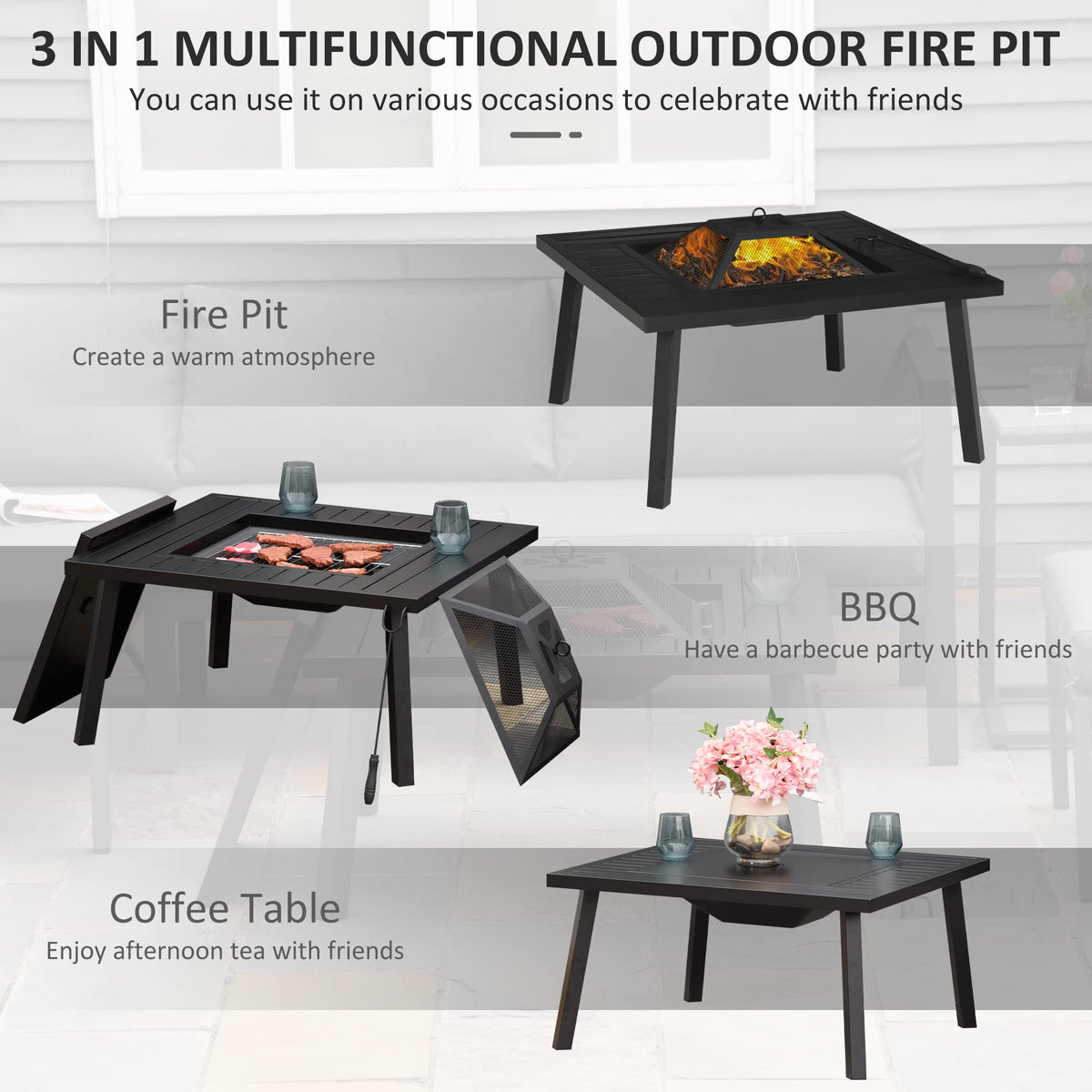 34" Fire Pit with Grill Spark Screen Poker Cover Black E67706