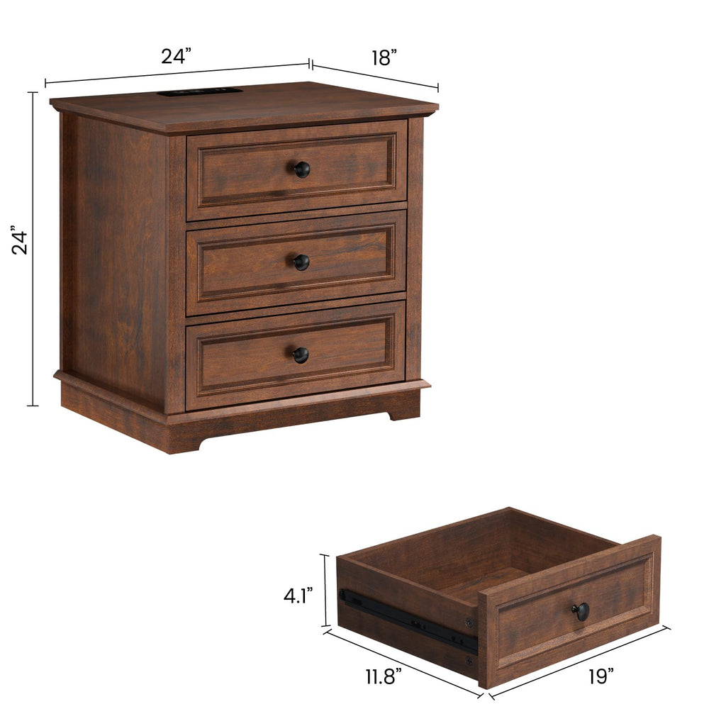 Cherry 3 Drawer Wood Nightstand with Charging Station S466607