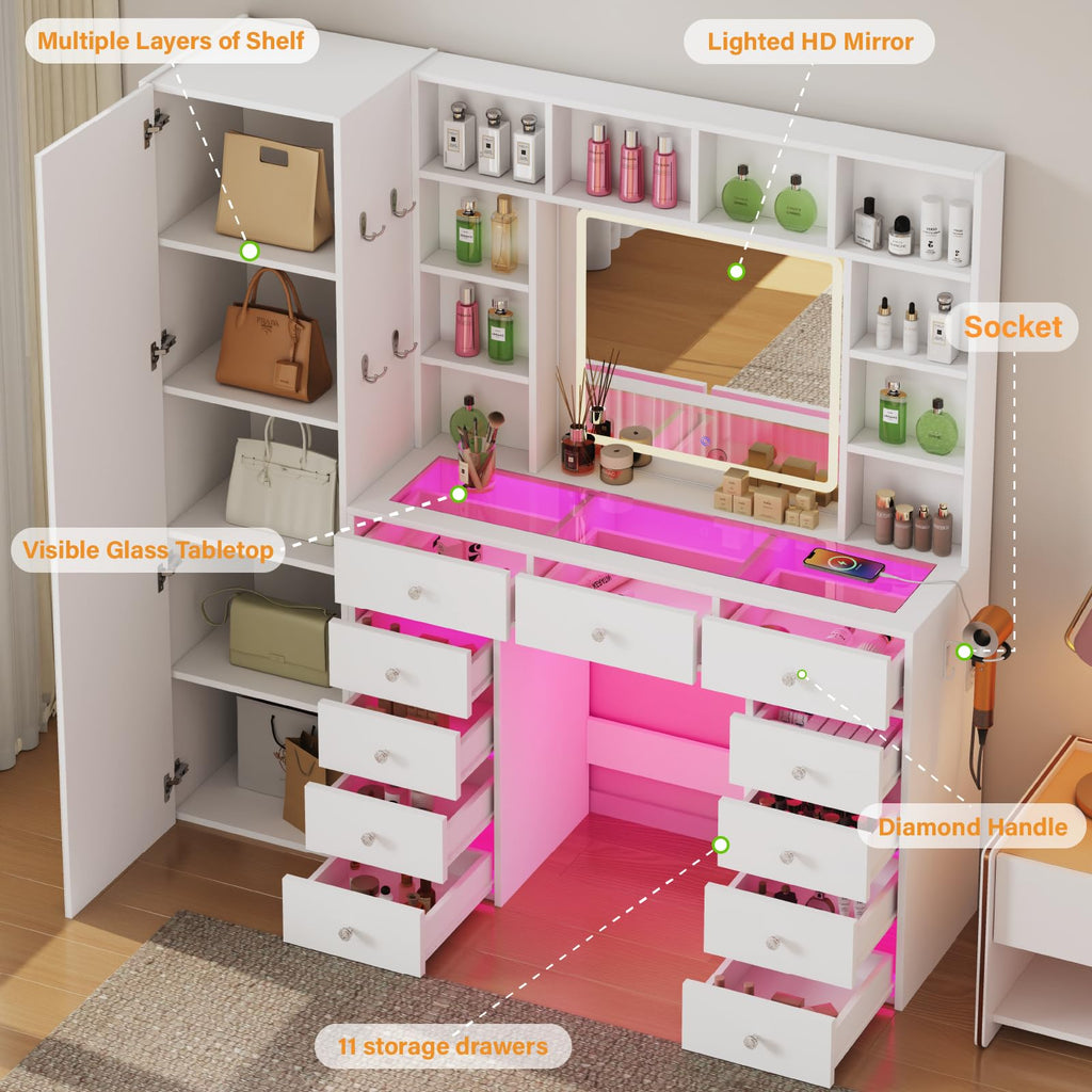Vanity Desk with LED Mirror, 11 Drawers U708