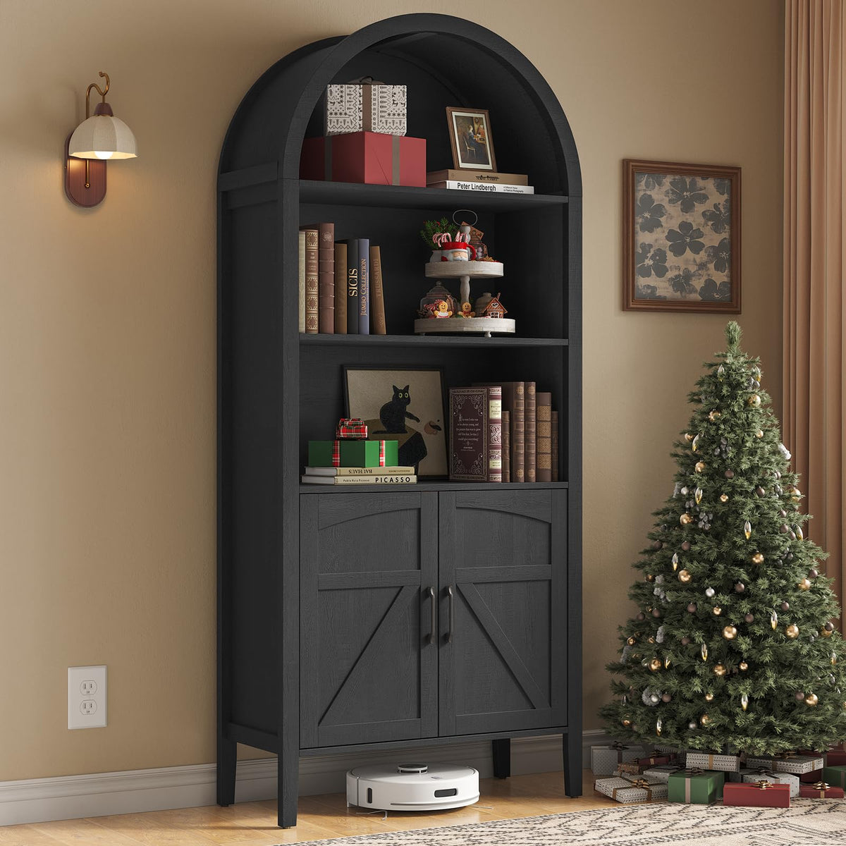 Black 5-Tier Arched Bookshelf with Door S231147