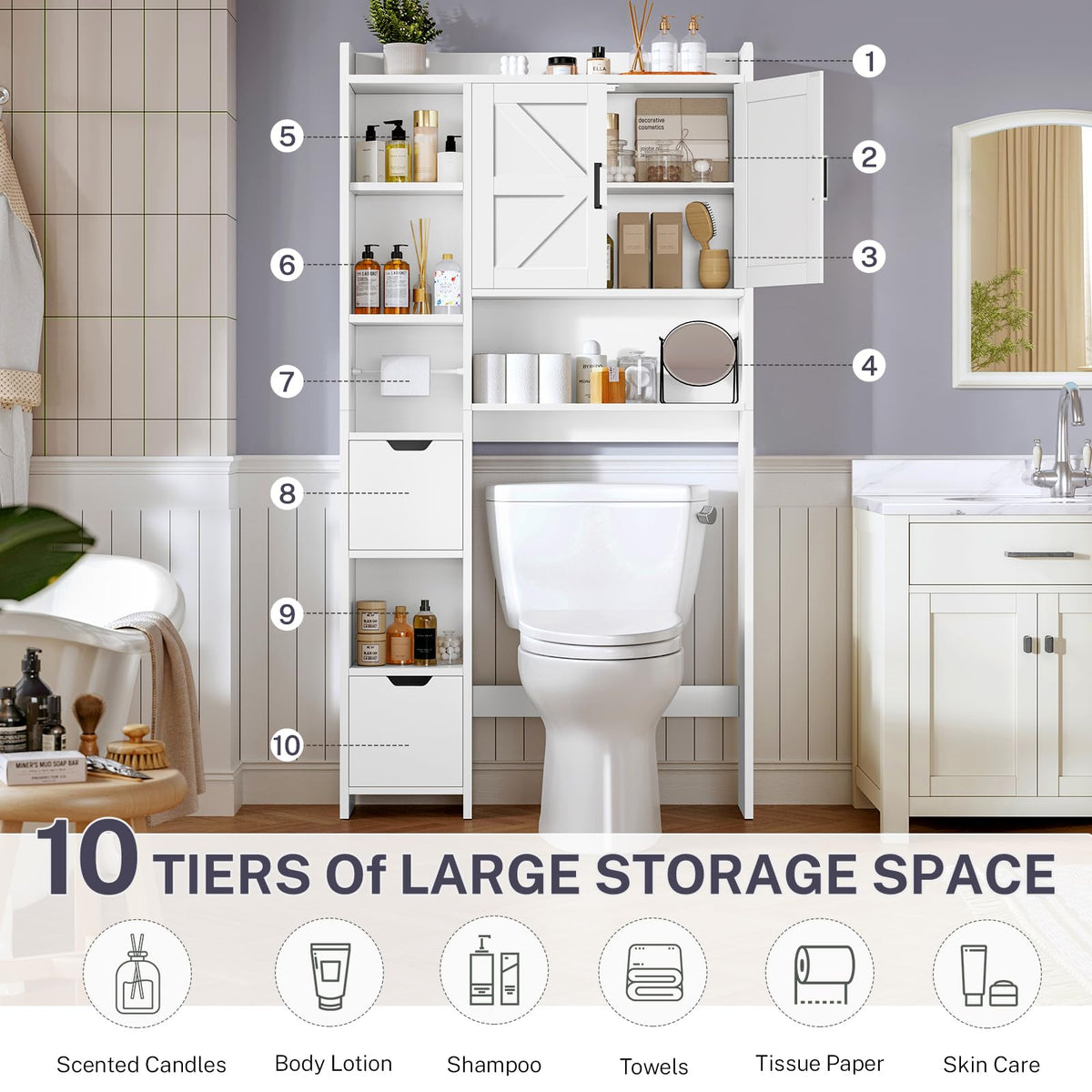 White Over the Toilet Storage Cabinet with 2 Removable Drawers V793277