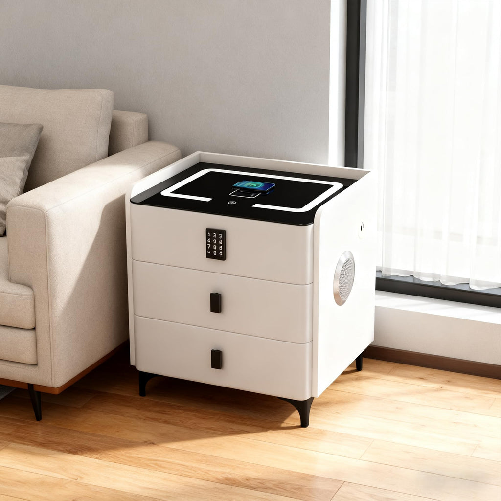 White Nightstand with Charging Station and LED Lights B5774