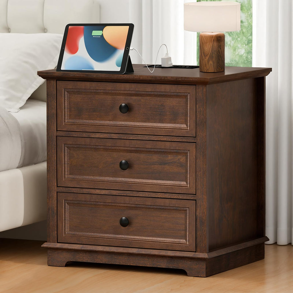 Cherry 3 Drawer Wood Nightstand with Charging Station S466607