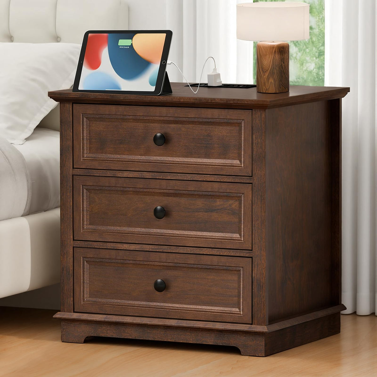 Cherry 3 Drawer Wood Nightstand with Charging Station S466607