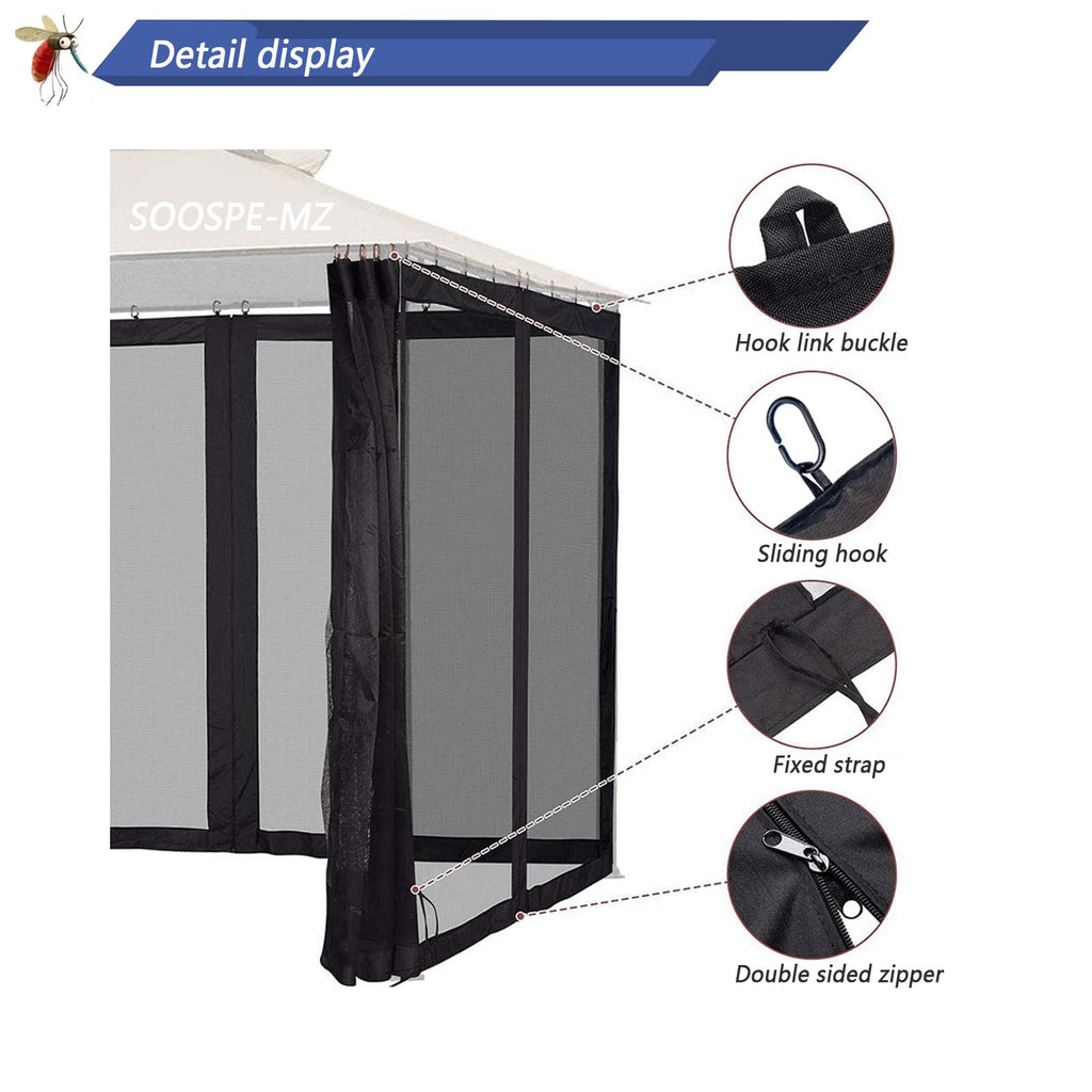10x12 Gazebo Replacement Mosquito Netting 4-Panel Sidewall Screen with Zipper Black Y782