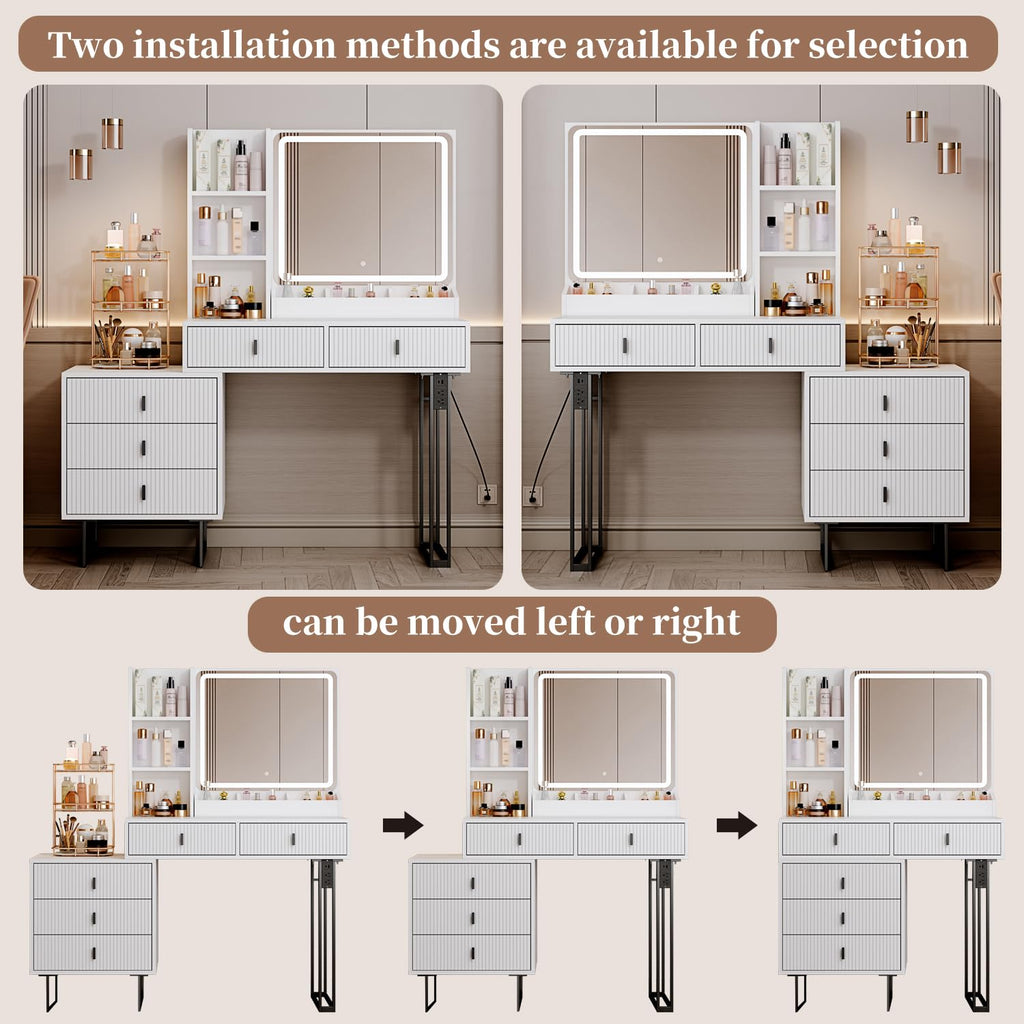 White Vanity Desk with Mirror and 5 Sliding Drawers I6289