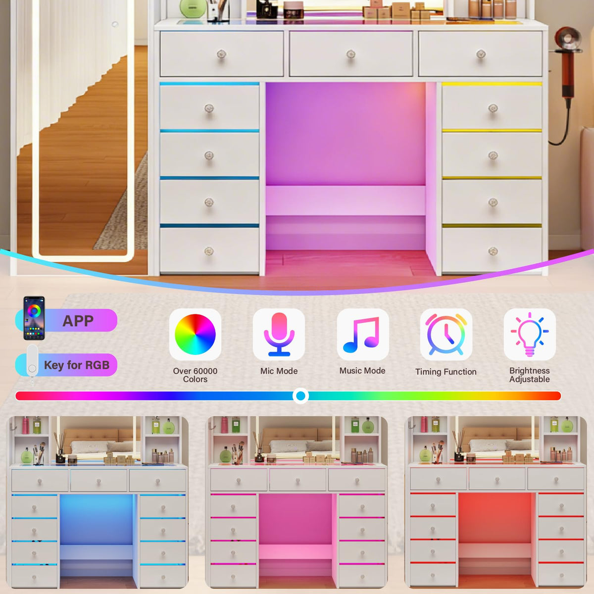 Vanity Desk with LED Mirror, 11 Drawers U708