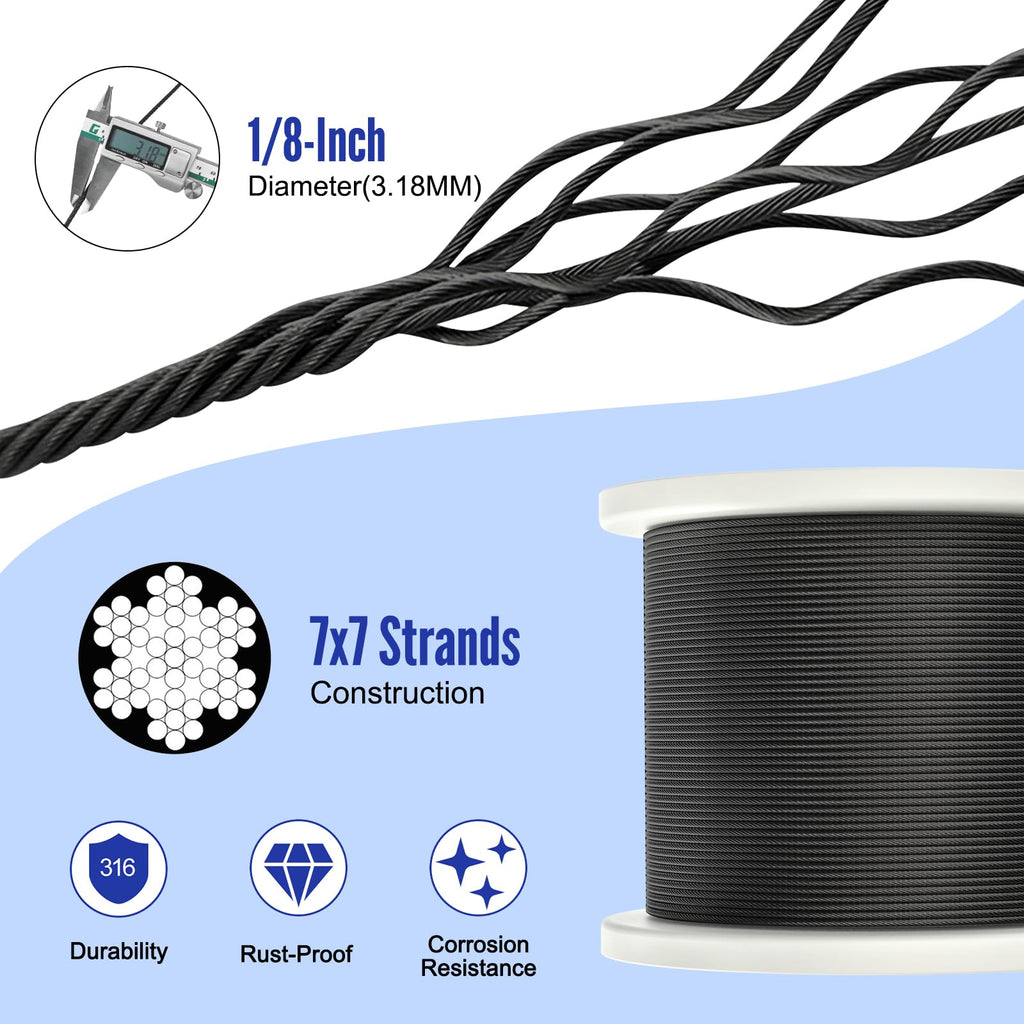 1000FT 1/8" Black Stainless Steel Cable with Cutter U6083