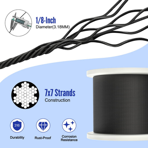 1000FT 1/8" Black Stainless Steel Cable with Cutter U6083